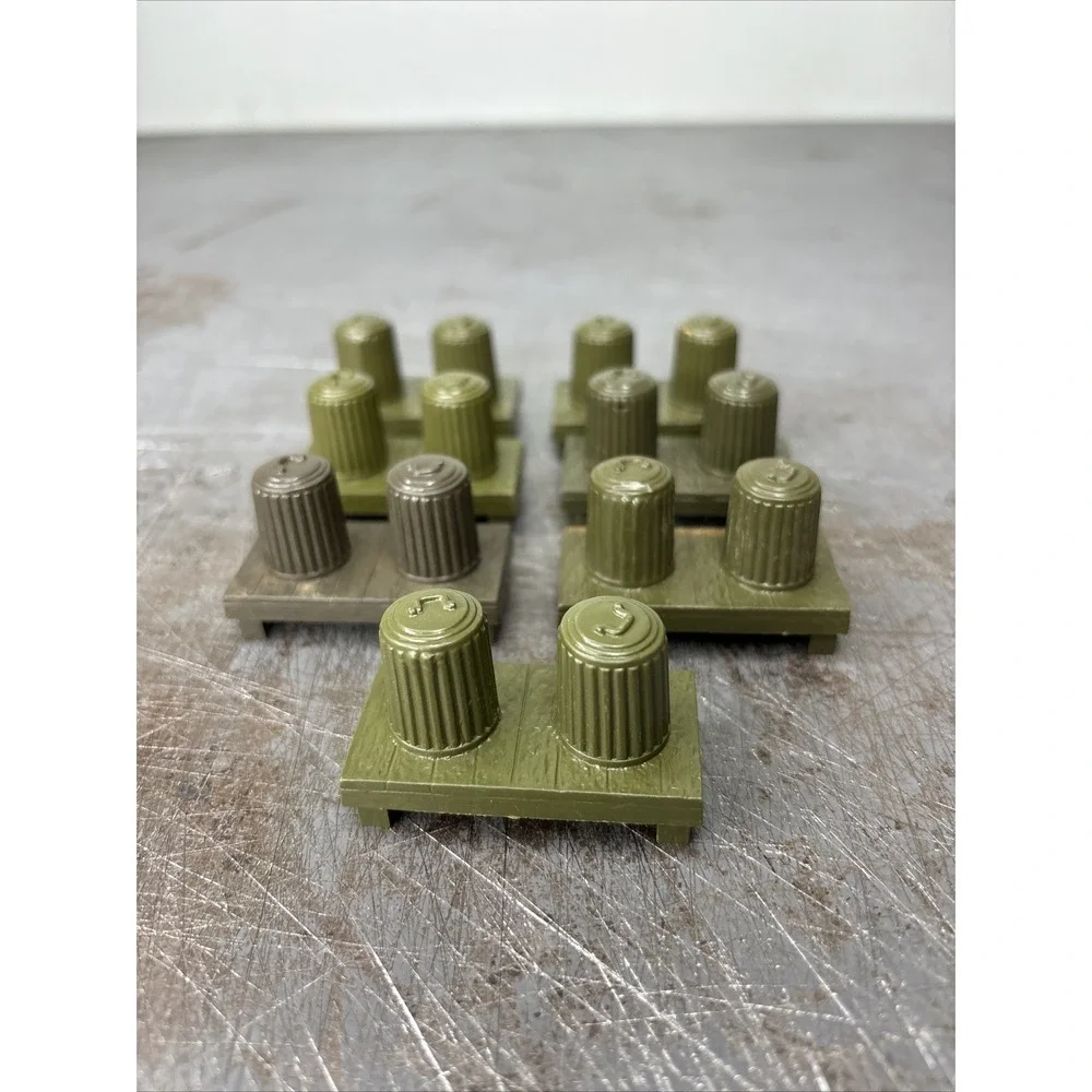 Lot Of 7‎ Vintage Marx 1960's Army Camp Garbage Cans on Stand in Green Plastic